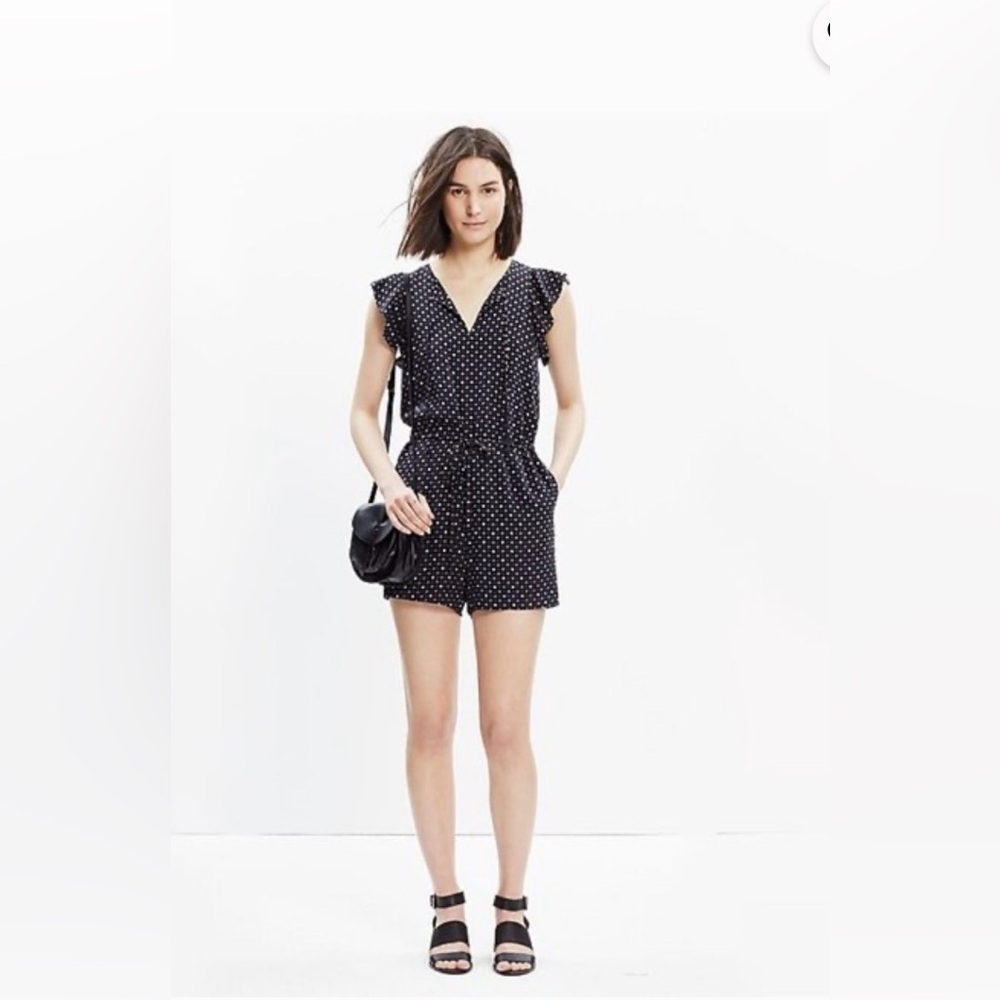 Madewell Women's 100% Silk Black Polka Dot Petalplay Romper XXS
